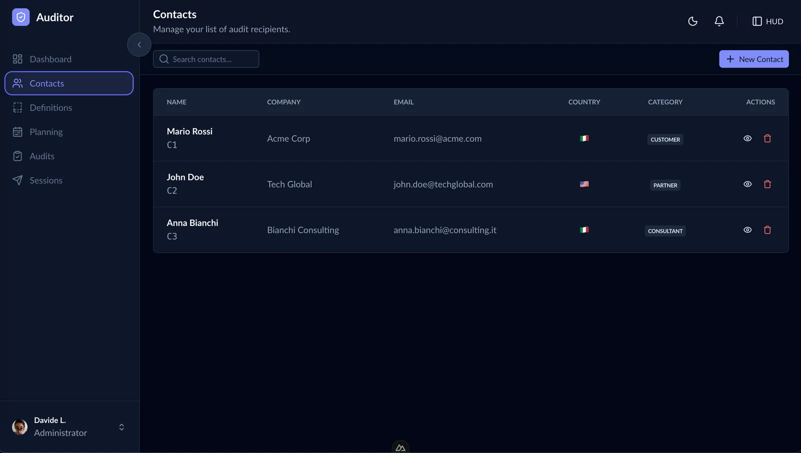 The list of contacts, in dark theme