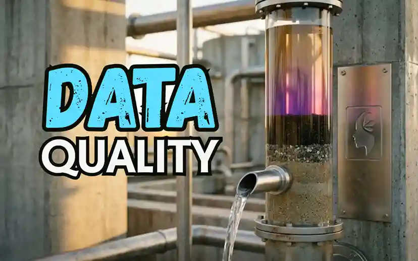 Cloudy water passing through an industrial filter and coming out clean, with the words «Data quality»