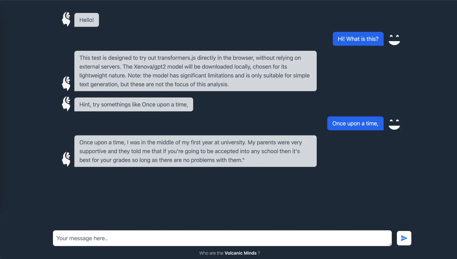 Volcanic Minds RAG LLM Chatbot Response Preview