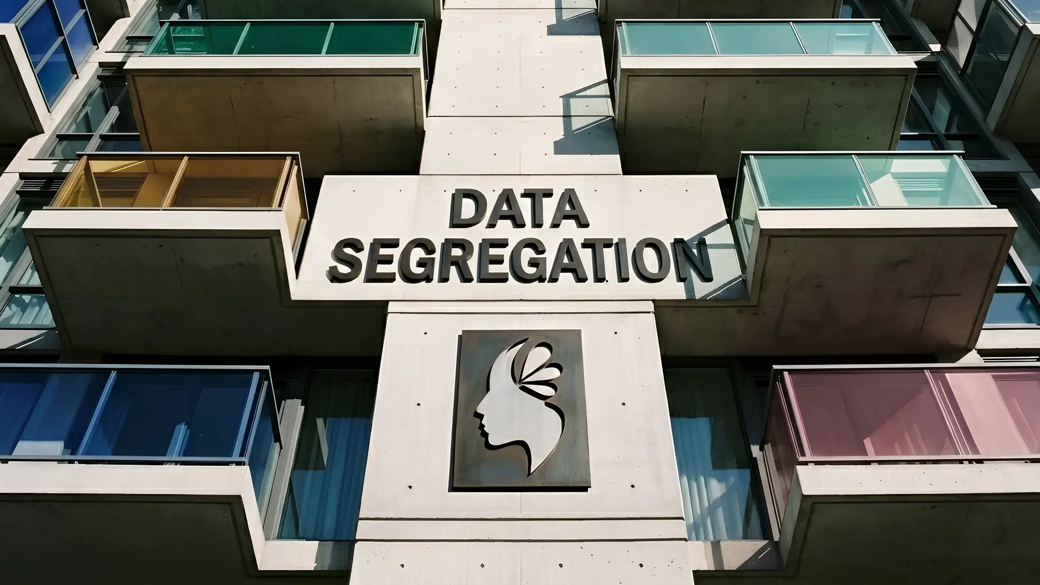 A concrete building seen from below, with the words «Data segregation» carved into the facade