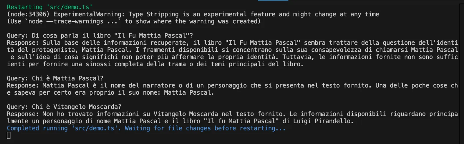 Console output: Mastra AI demo execution log showing RAG capabilities