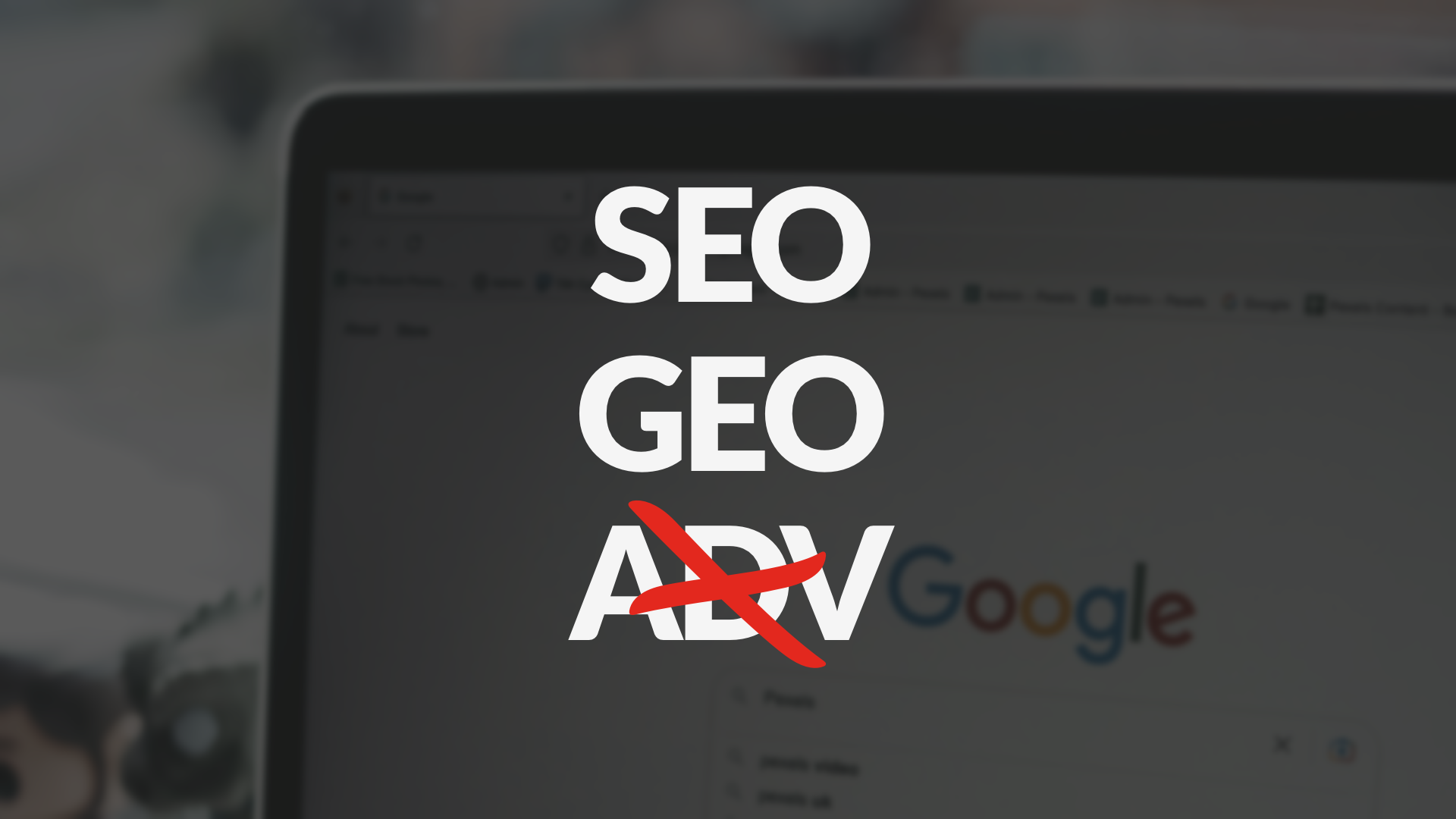 raphic contrasting SEO and GEO against crossed-out paid advertising (ADV), symbolizing organic growth strategy