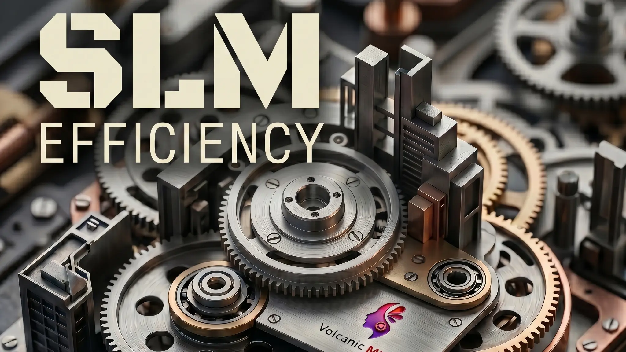 A metal plate surrounded by precision gears, with the words «SLM efficiency»