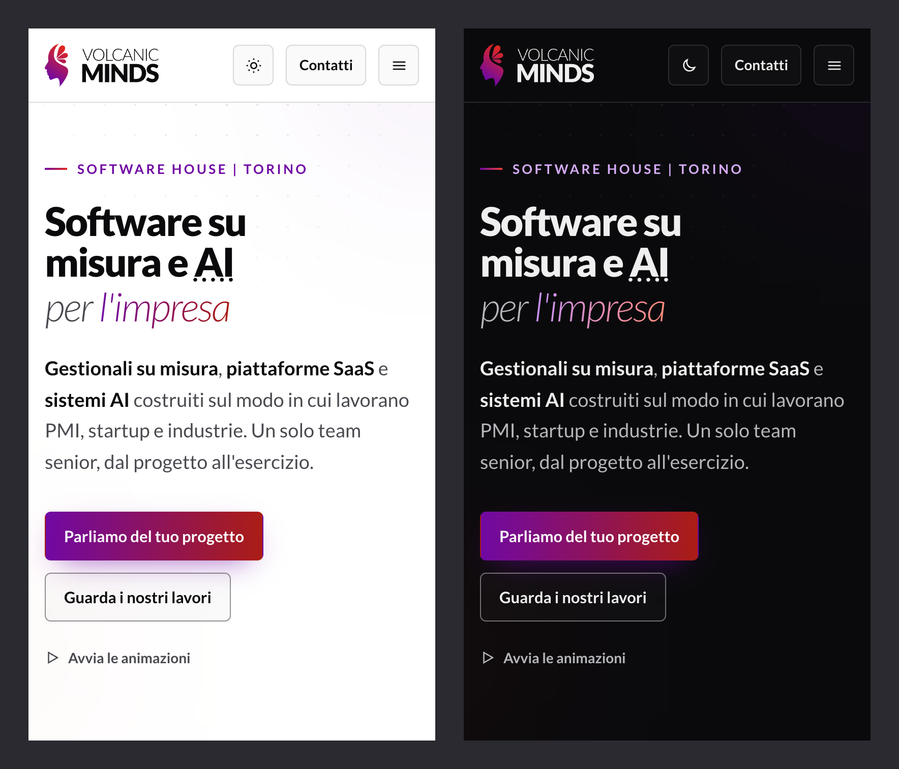 The Italian home page of the site at 400 pixels wide, on the left in the light theme and on the right in the dark theme, with the same text and the same layout.