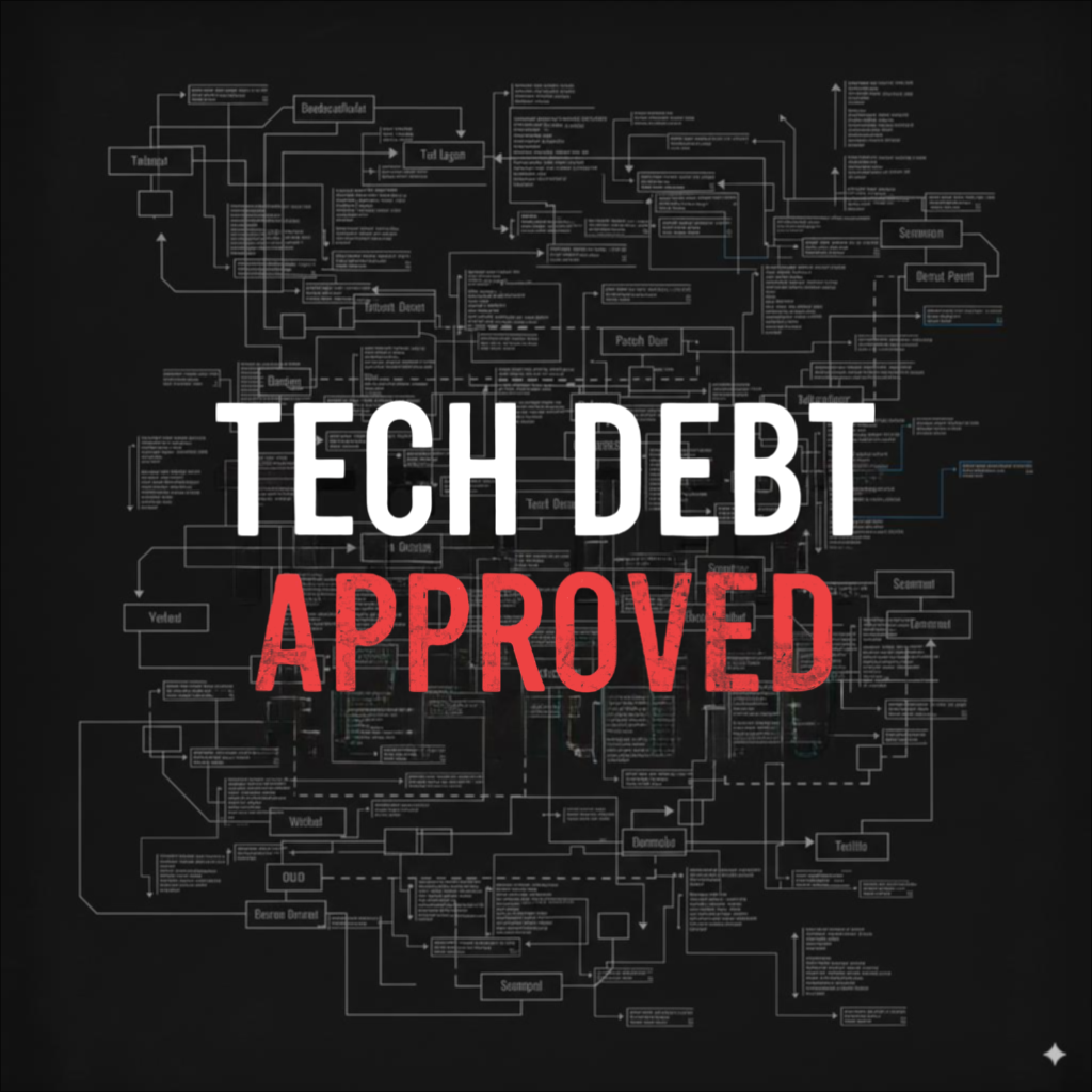 Conceptual graphic illustrating Technical Debt as a strategic loan in software development - volcanicminds.com