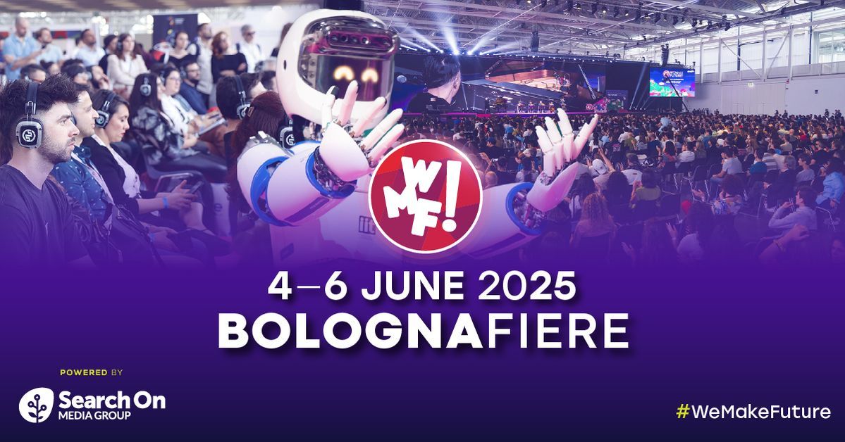 We Make Future (WMF) event banner at Bologna Fiere, an international trade fair for digital innovation and AI, with participation from Volcanic Minds.