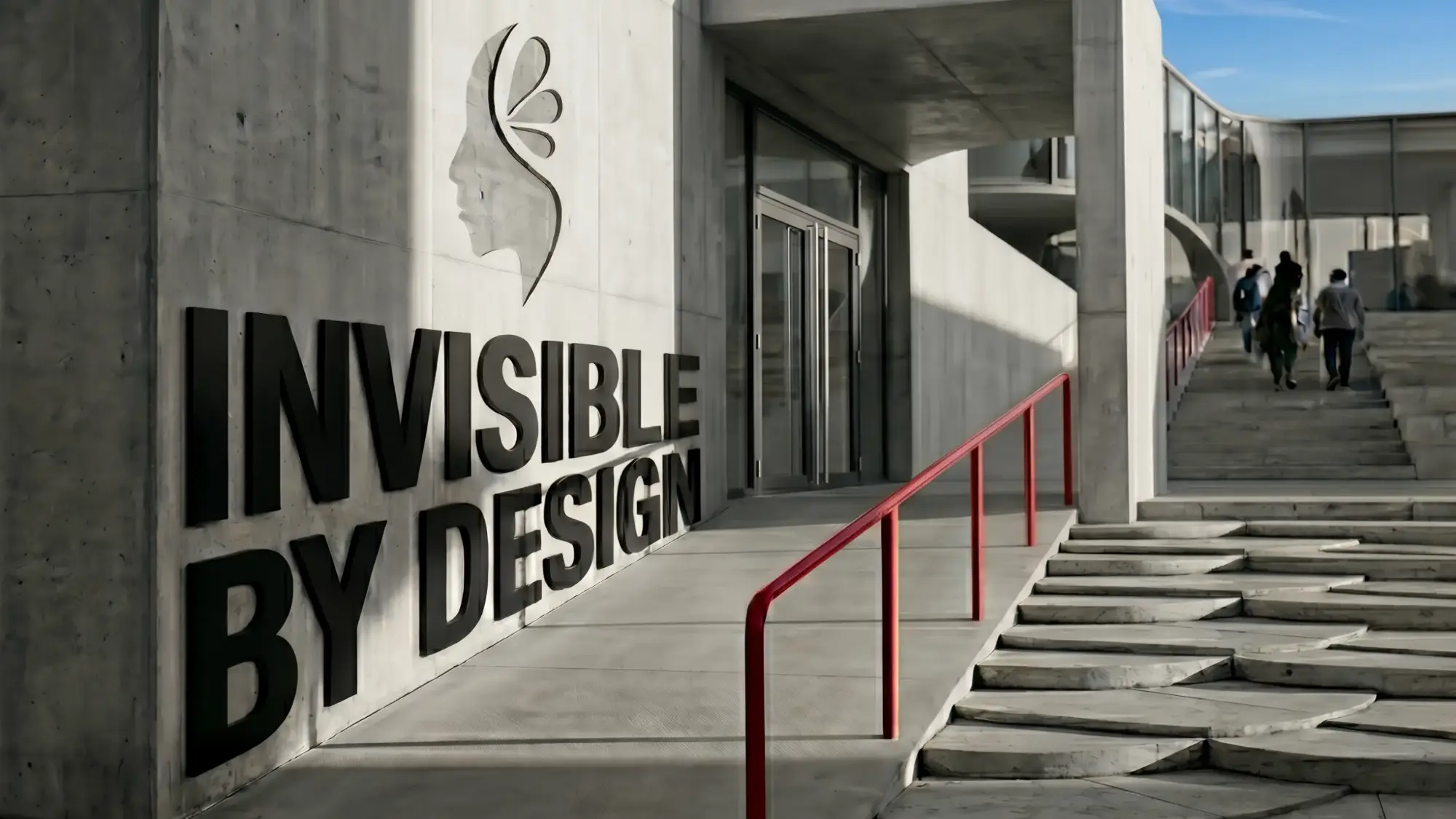 The entrance of a building with a ramp and a flight of stairs, and the words «Invisible by design»